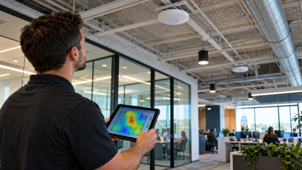 IT technician conducting a commercial Wi-Fi site survey using a tablet to analyze wireless coverage in a modern office.
